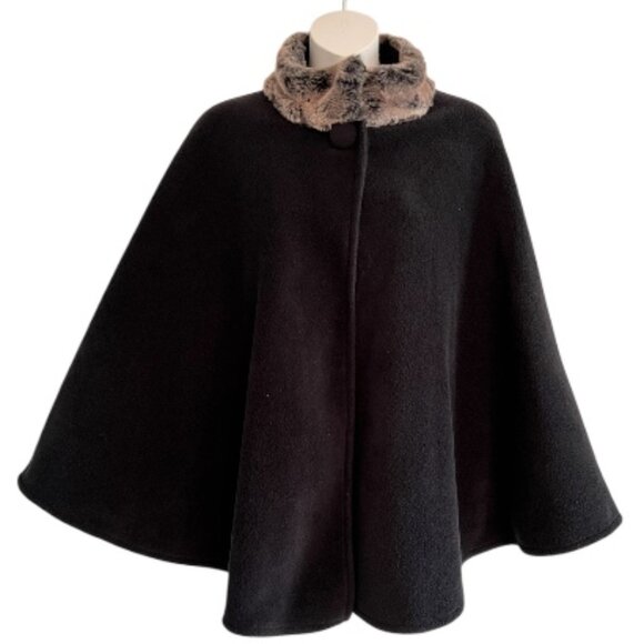 East 5th Black Poncho Shawl Gray Faux Fur Collar Fleece Lightweight One Size - Picture 1 of 7